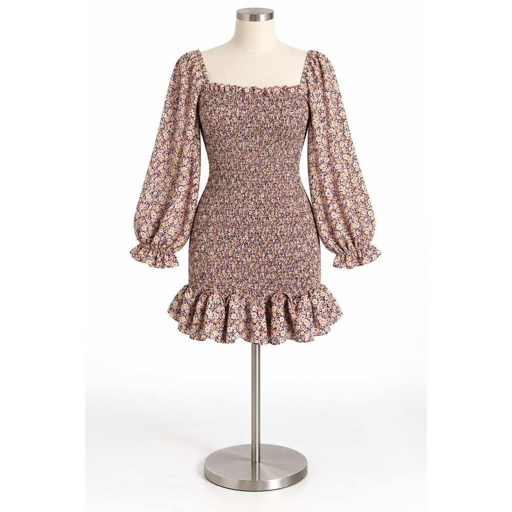 The Impeccable Pig Peasant Sleeve Ruched Mini Size Small Ruffled Cowgirl Dress